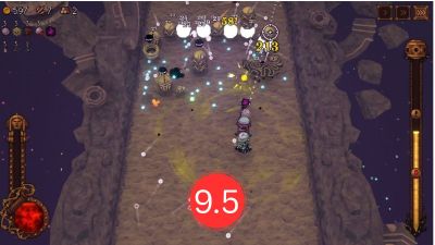 Gameplay in Ball x Pit with the review score attached.