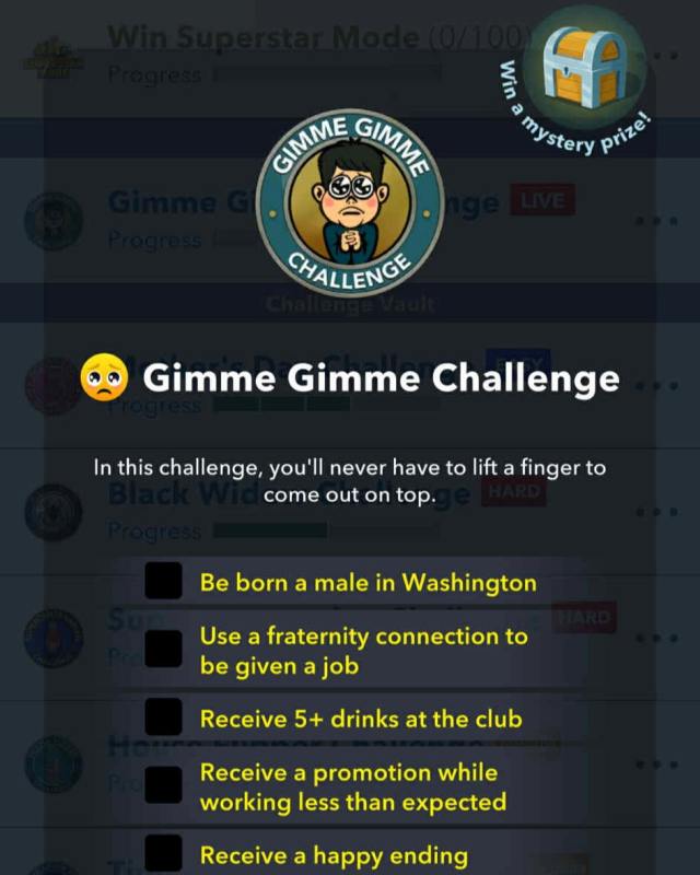 Gimme Gimme challenge info in bitlife