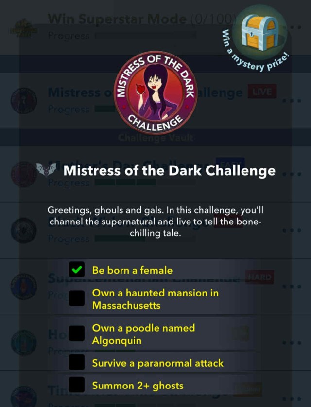 Mistress of the dark challenge in bitlife