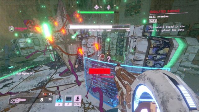 Player in the air facing two giant enemies down below.